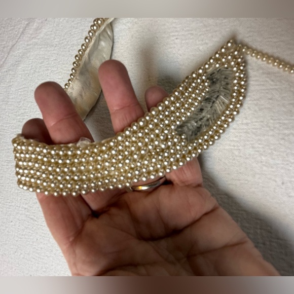 VTG Faux pearl collar necklace bugle bead leaf pattern satin back wedding formal - Picture 10 of 11